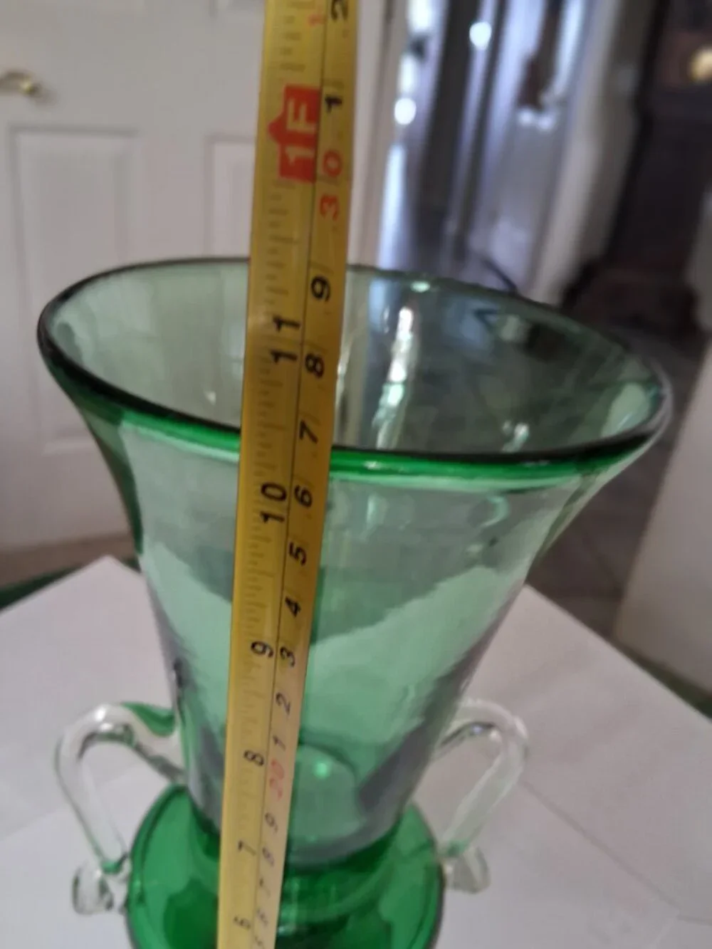 Green Vase with clear glass handles 10 1/4